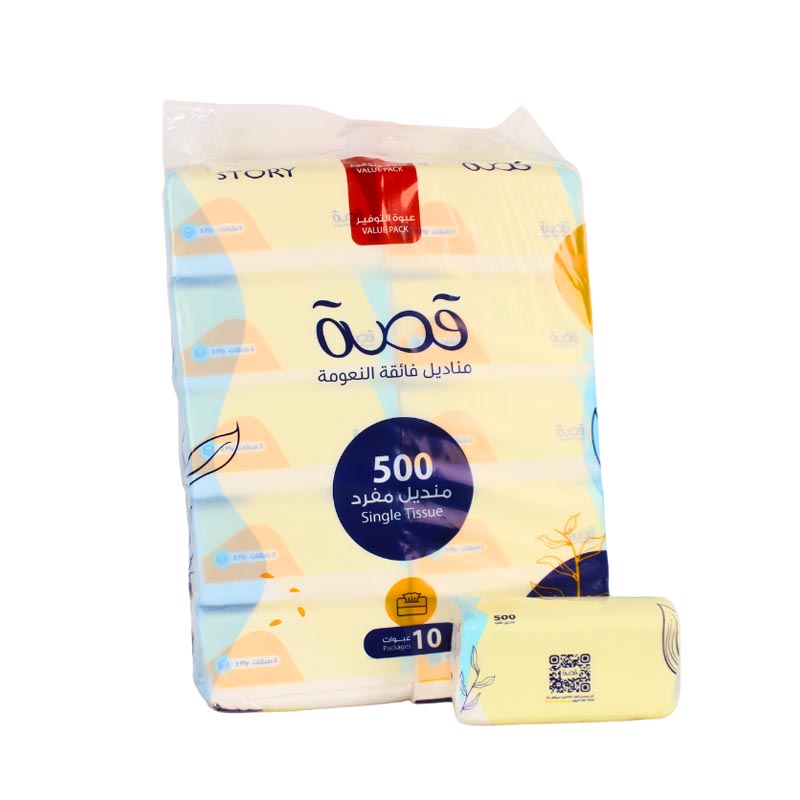 قصة 500 منديل مفرد ناعم ثلاث طبقات × 10 عبوات ( ربطة ) مناديل فائقة النعومة صنع باستخدام اجود الالياف الطبيعية لضمان الجودة