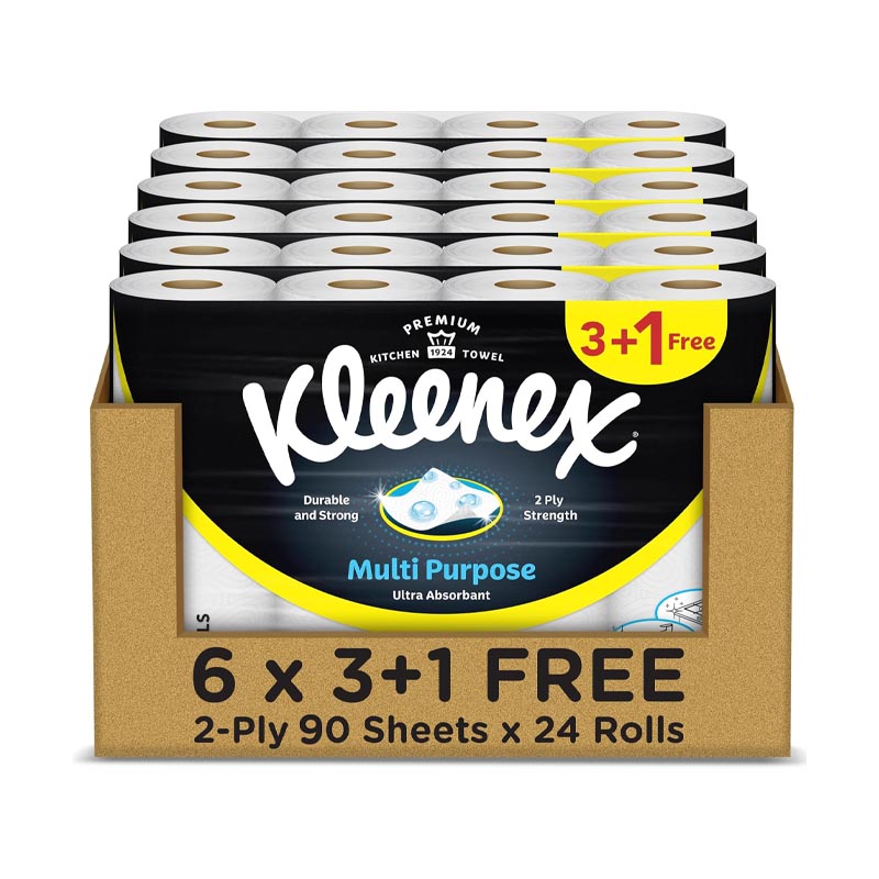 كلينكس فيفا 90 منشفة ورقية بيضاء مزدوجة 3 رول + 1 رول مجاناً × 6 مجموعات = 24 رول ( كرتون )