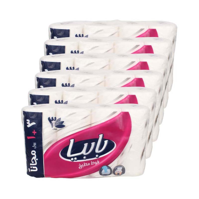 بابيا رول مطبخ 4 رول (3+1 مجانًا) × 6 ربطات – 3 طبقات، امتصاص عالي (كرتون)
