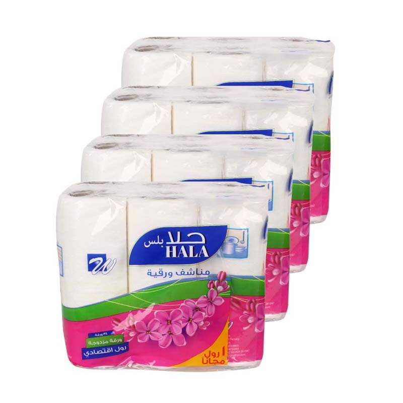 حلا بلس رول مطبخ 6 رول (5+1 مجانًا) × 4 ربطات – ورق مزدوج وقوي (كرتون)