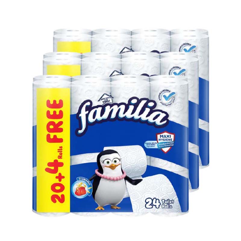 فاميليا رول تواليت 24 رول (20+4 مجانًا) × 3 ربطات – مضاد للبكتيريا (كرتون)