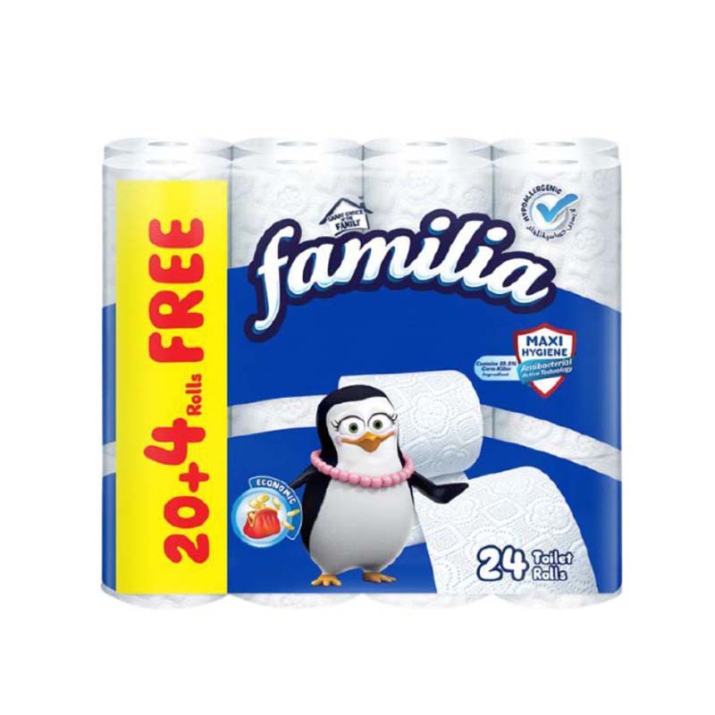 فاميليا رول تواليت 24 رول (20+4 مجانًا) – مضاد للبكتيريا، طبقتان، لا يسبب حساسية (ربطة)