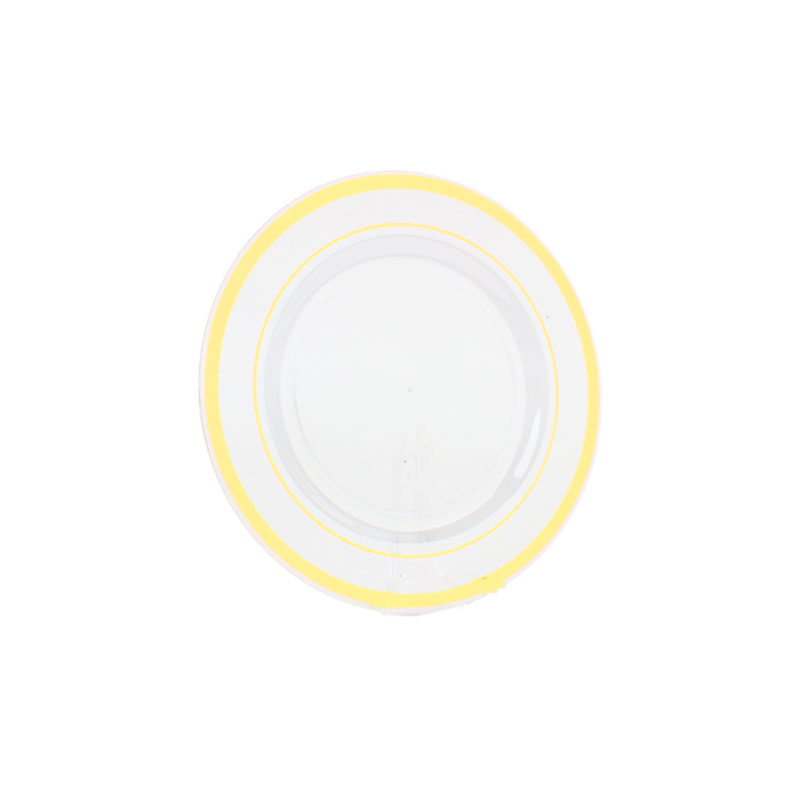 حزمة صحون بلاستيك شفاف بحواف ذهبية Ø19 سم – 6 صحون