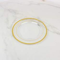 حزمة صحون بلاستيك شفاف بحواف ذهبية Ø19 سم – 6 صحون