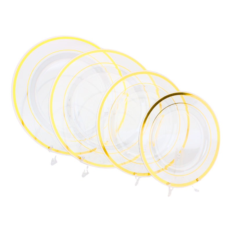 حزمة صحون بلاستيك شفاف بحواف ذهبية Ø 23 سم – 4 صحون