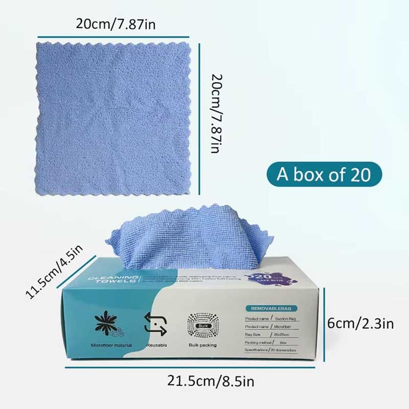 مناشف مايكروفايبر قابلة لإعادة الاستخدام | صندوق يحتوي 20 منشفة مقاس 20×20 سم – متوفرة بأربعة ألوان مميزة