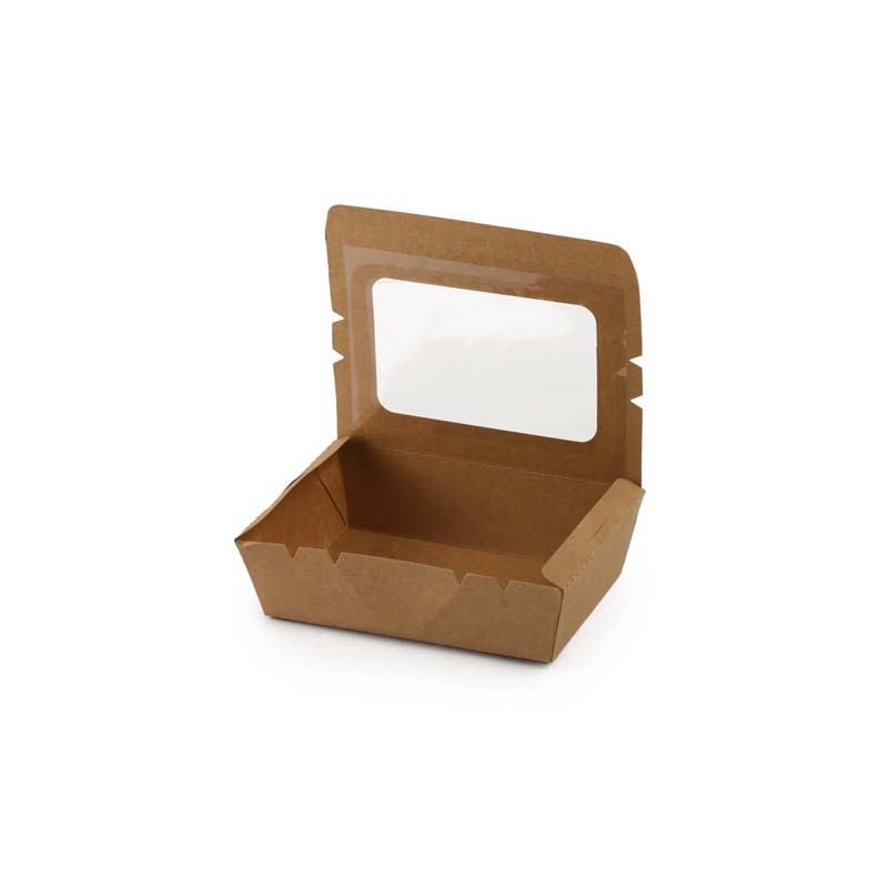 علب ورق كرافت بني بغطاء متصل مع نافذة علوية شفافة مدعمة بطبقة عازلة – كرتون يحتوي على 150 علبة (مقاس 15×10×4 سم)