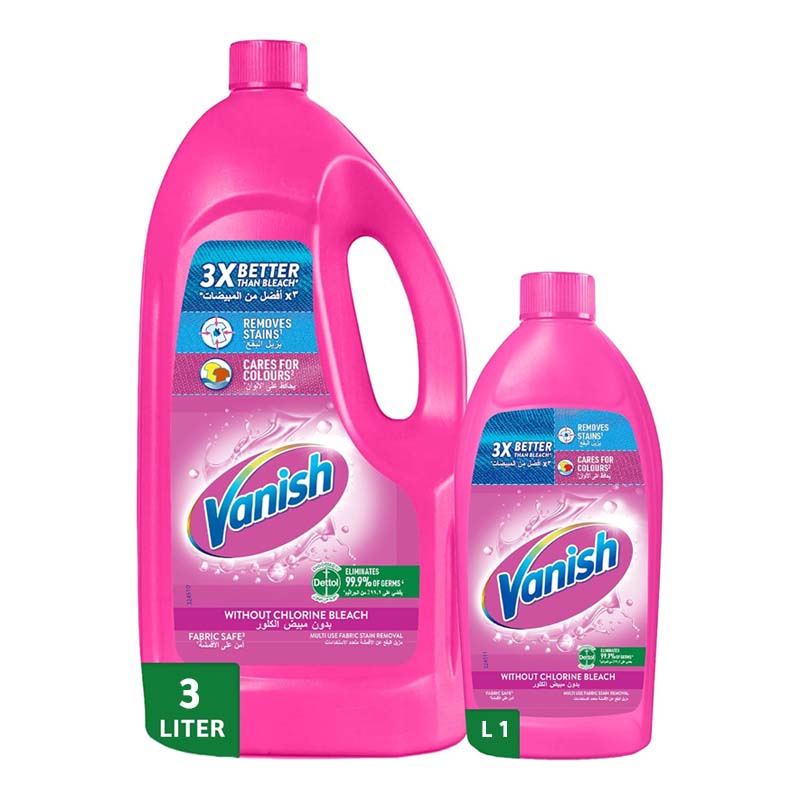 فانيش مزيل بقع سائل للملابس الملونة والبيضاء – خالٍ من الكلور، آمن على الأقمشة – عبوة 3 لتر + 1 لتر مجانا
