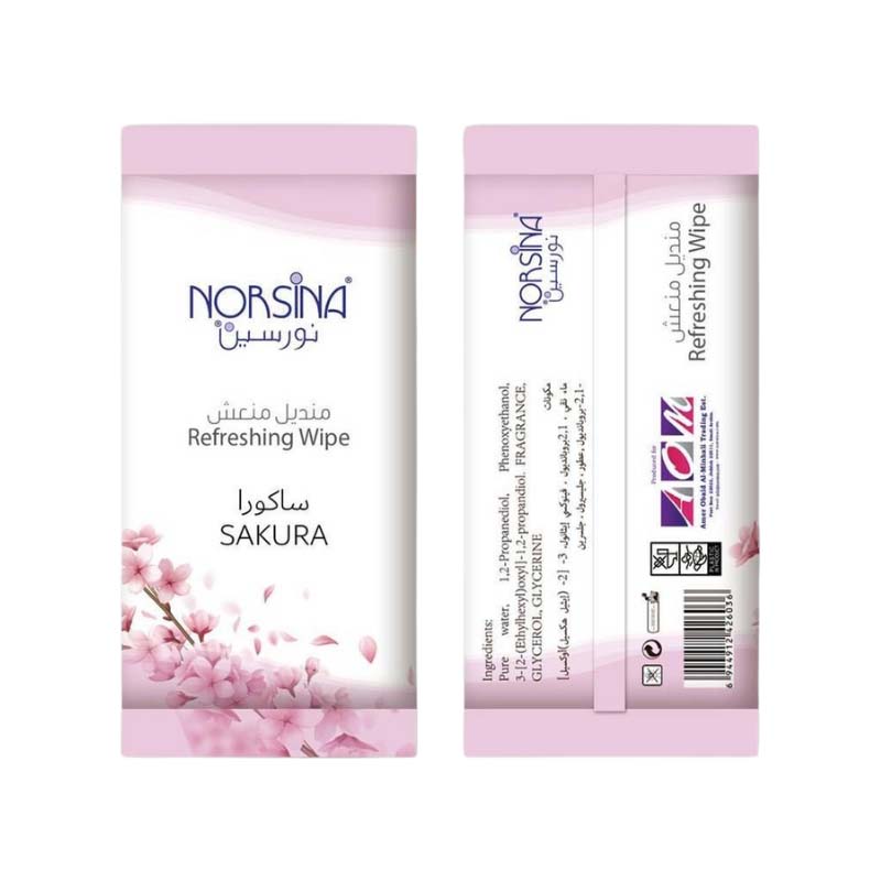 مناديل "نورسينا" المبللة المنعشة | 50 منديل برائحة ساكورا – استخدام خارجي