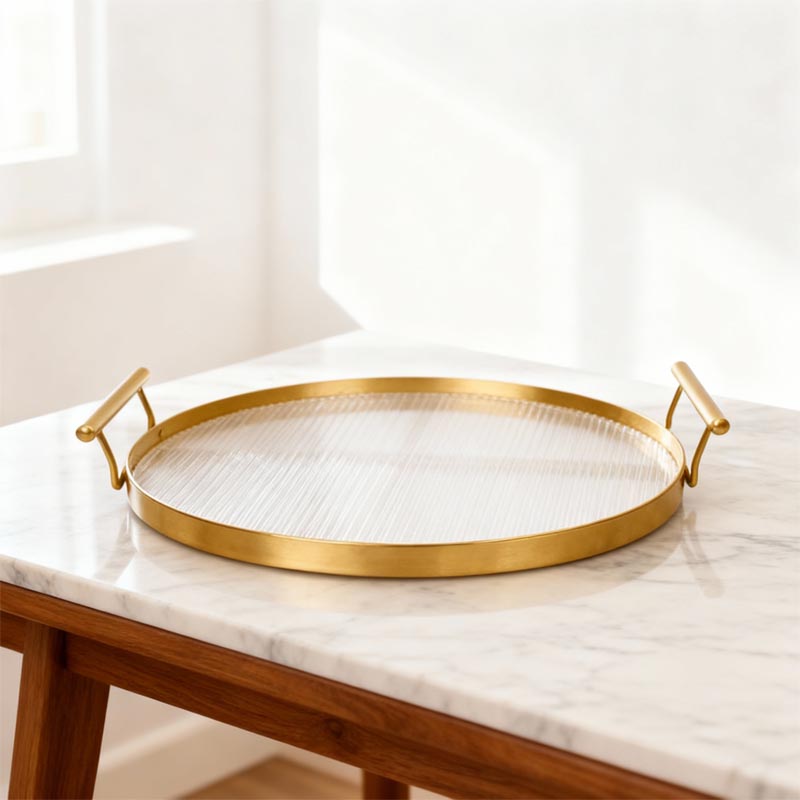 صينية تقديم دائرية من الحديد بلون ذهبي مع قاعدة اكريليك | قطر 30 سم