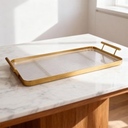 صينية تقديم حديد ذهبي بقاعدة اكريليك مستطيل 40×22 سم