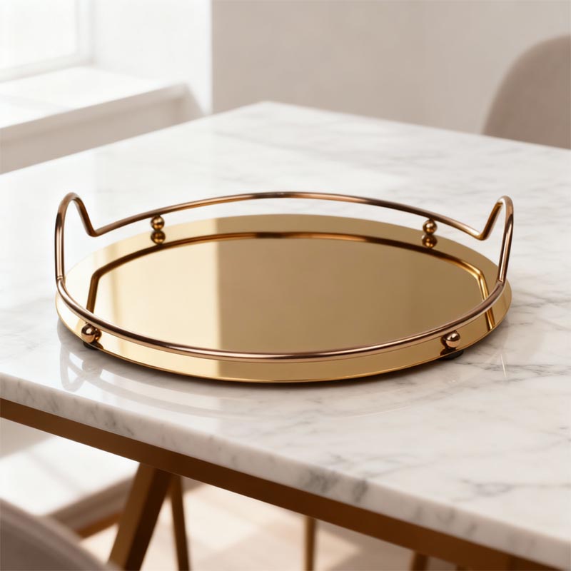 صينية تقديم استيل دائرية بلون روز قولد | قطر 30 سم لتقديم البيالات والفناجيل والدلال والحلا