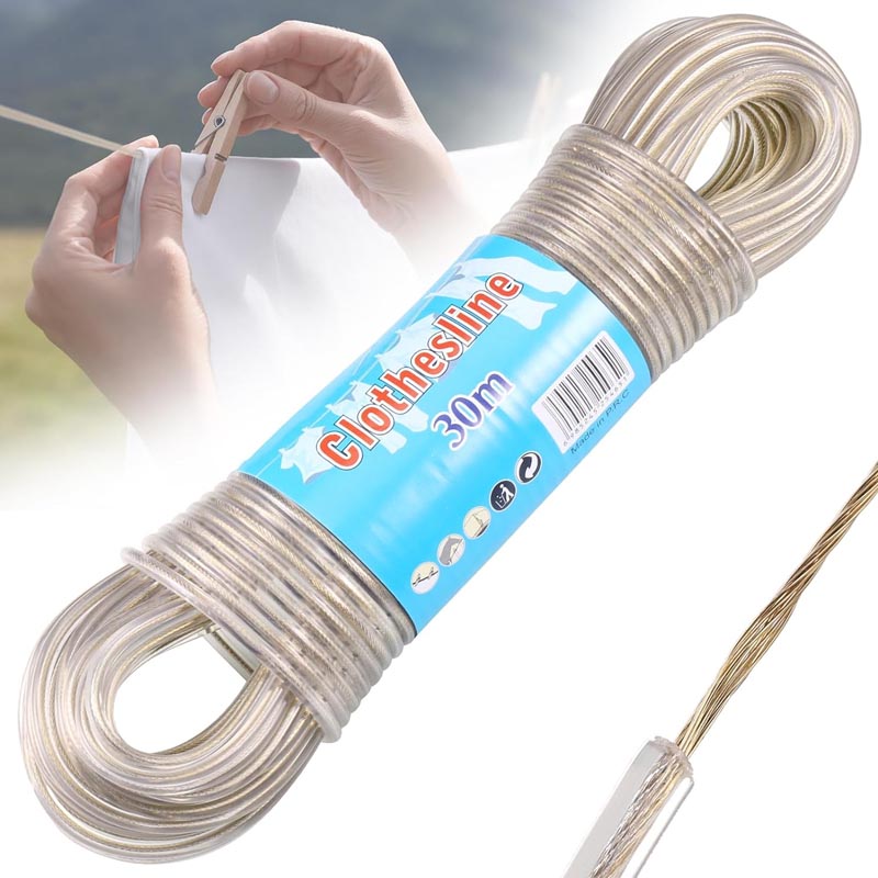 حبل غسيل فولاذي شديد التحمل بطول 30 متر مع طلاء PVC