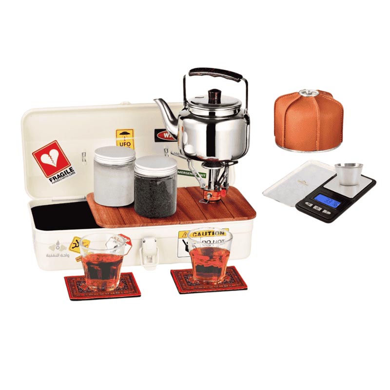 صندوق حديدي متين لطقم عزبة شاي متكامل مع اكسسوارات الرحلات | مقاس 36×15×11 سم – متوفر بثلاثة الوان (زيتي، اسود، بيج)