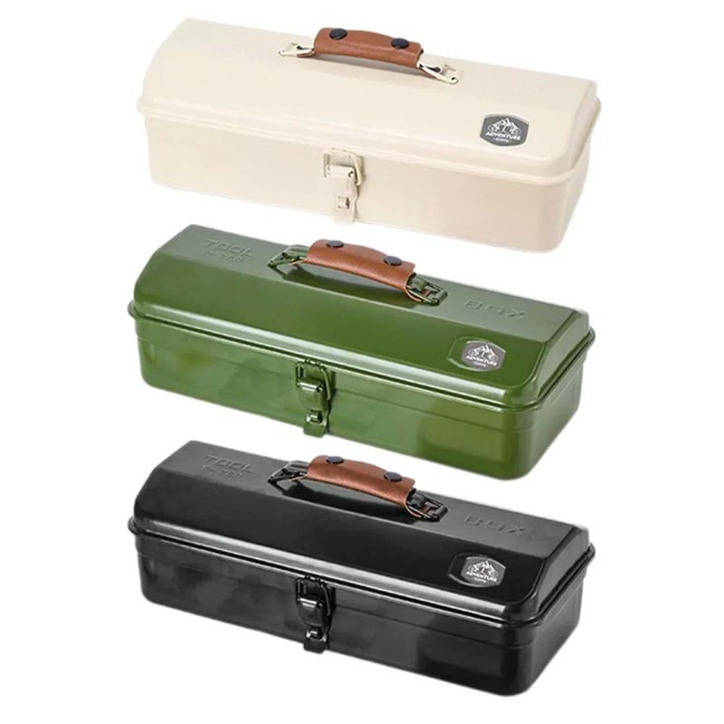 صندوق حديدي متين لطقم عزبة شاي متكامل مع اكسسوارات الرحلات | مقاس 36×15×11 سم – متوفر بثلاثة الوان (زيتي، اسود، بيج)
