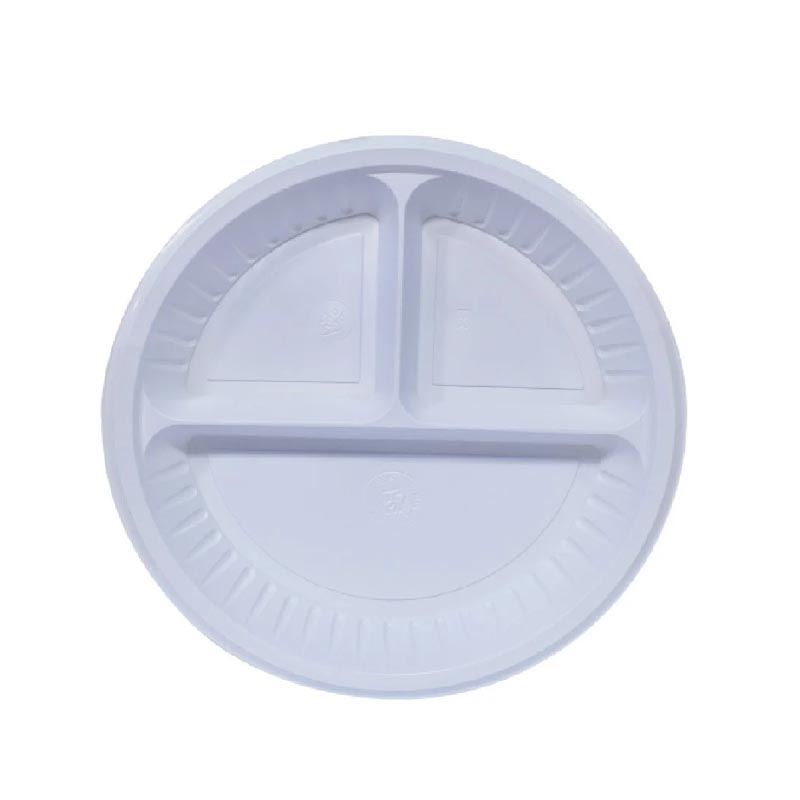 صحن بلاستيك دائري للاستعمال مرة واحدة | رقم 26 سميك – قطر 24 سم – مقسم الى 3 اقسام – حزمة تحتوي على 50 صحن – لون ابيض