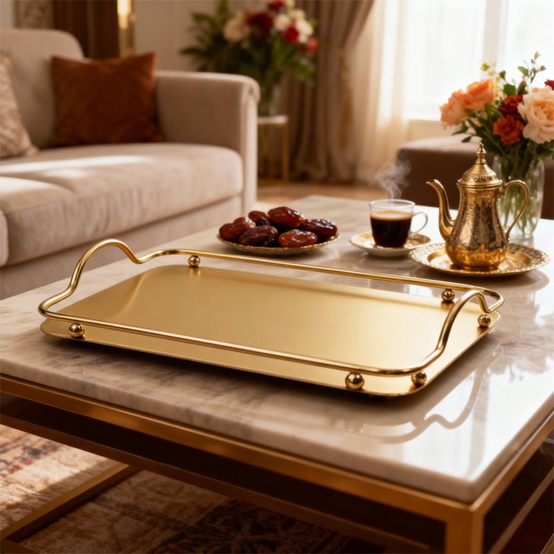 صينية تقديم استيل مستطيلة أنيقة بلون ذهبي | مثالية لتقديم الضيافة والحلا – المقاس 35 سم طول × 20 سم عرض