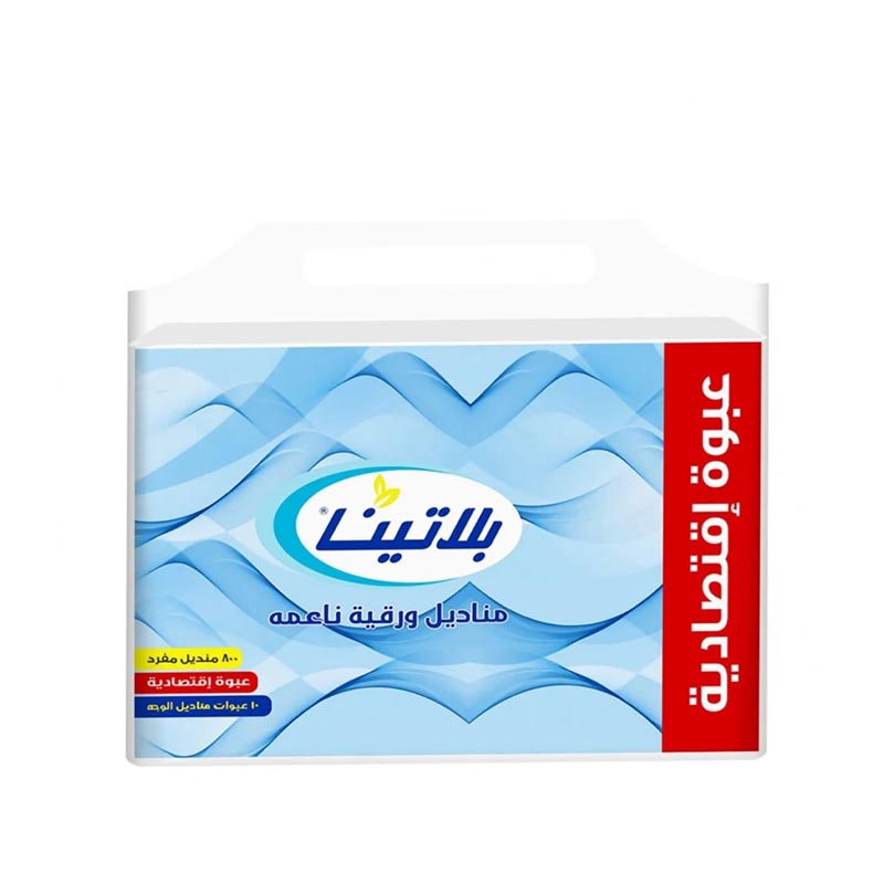 كرتون مناديل وجه بلاتينا ناعمة عبوة اقتصادية تحتوي على 800 منديل مفرد – الكرتون يضم 4 حزم، كل حزمة تحتوي على 10 عبوات (الإجمالي 40 عبوة)