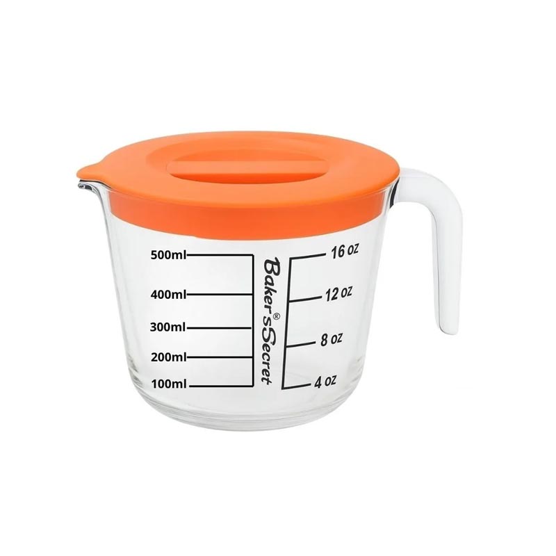 كوب قياس زجاجي مدرج بغطاء من بيكرز سيكرت - Baker’s Secret | سعة 500 مل – تصميم أنيق ودقيق للقياس