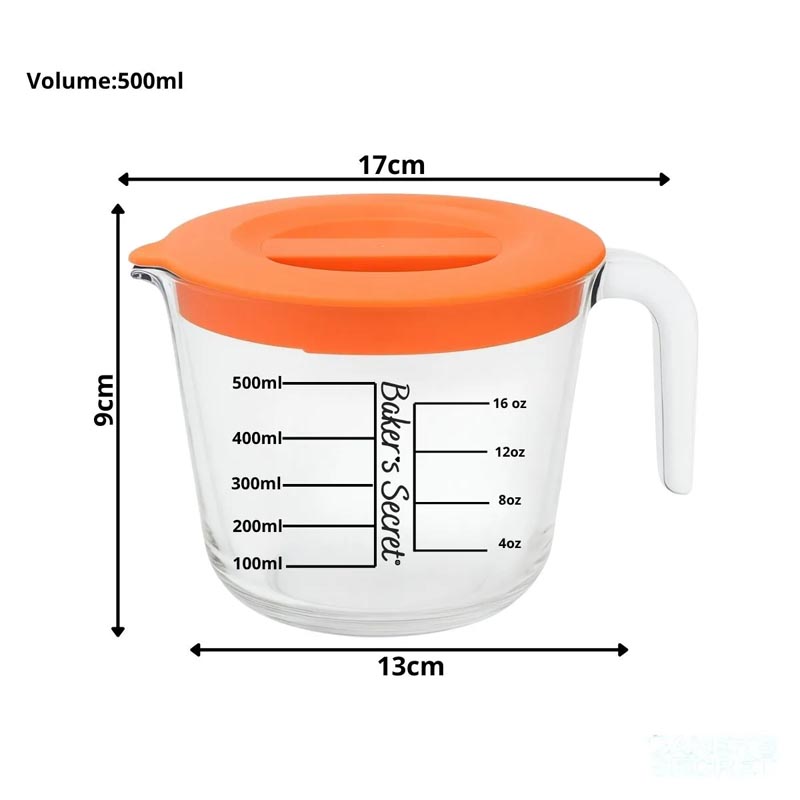 كوب قياس زجاجي مدرج بغطاء من بيكرز سيكرت - Baker’s Secret | سعة 500 مل – تصميم أنيق ودقيق للقياس