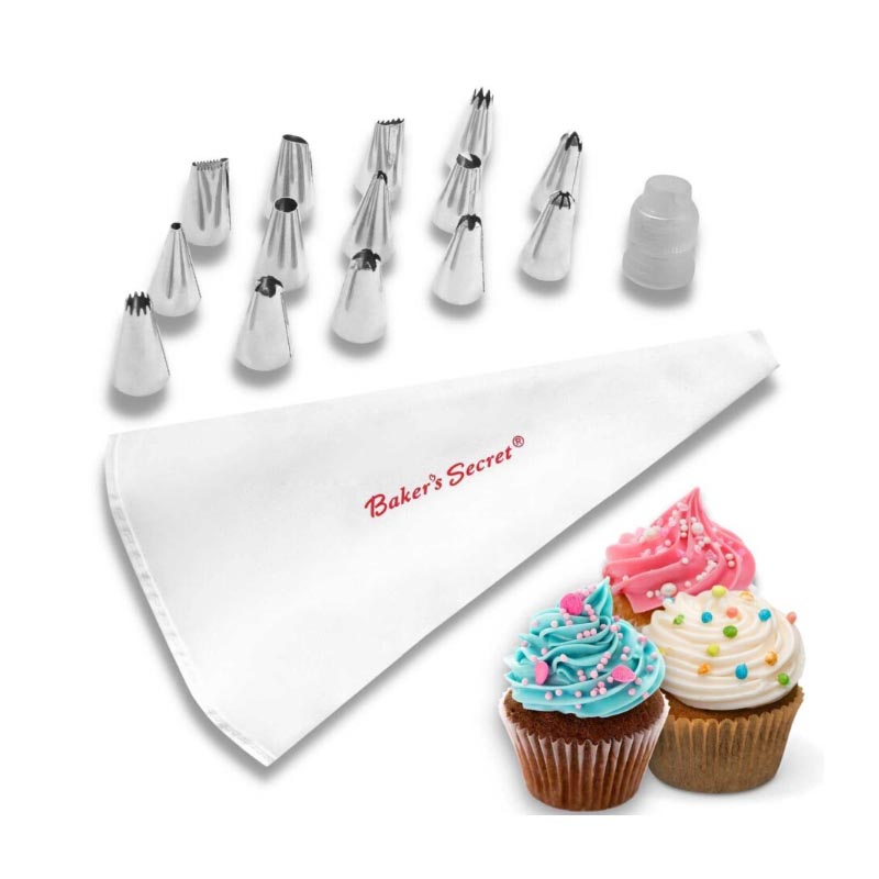 طقم تزيين الحلويات من بيكرز سيكرت - Baker’s Secret | كيس حلواني مع 14 قمع ستانلس ستيل لتزيين الكيك والكب كيك