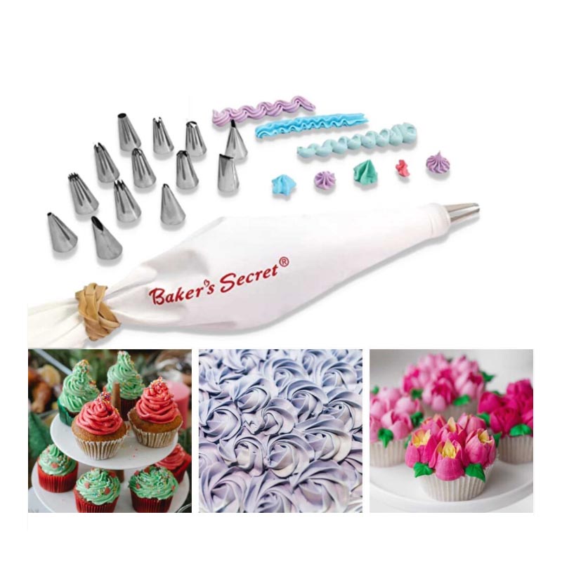 طقم تزيين الحلويات من بيكرز سيكرت - Baker’s Secret | كيس حلواني مع 14 قمع ستانلس ستيل لتزيين الكيك والكب كيك