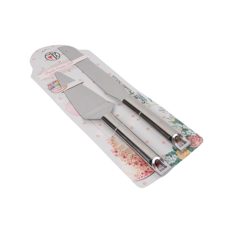 طقم سكين كيك ومقسم كيك بلون فضي أنيق – السكين بطول 34 سم والمقسم بطول 28 سم