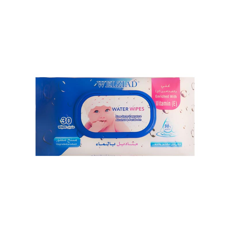 مناديل ويلزاد المائية – خالية من الكحول والعطور، غنية بفيتامين E بنسبة ماء أكثر من ‎98%‎ (30 منديل)