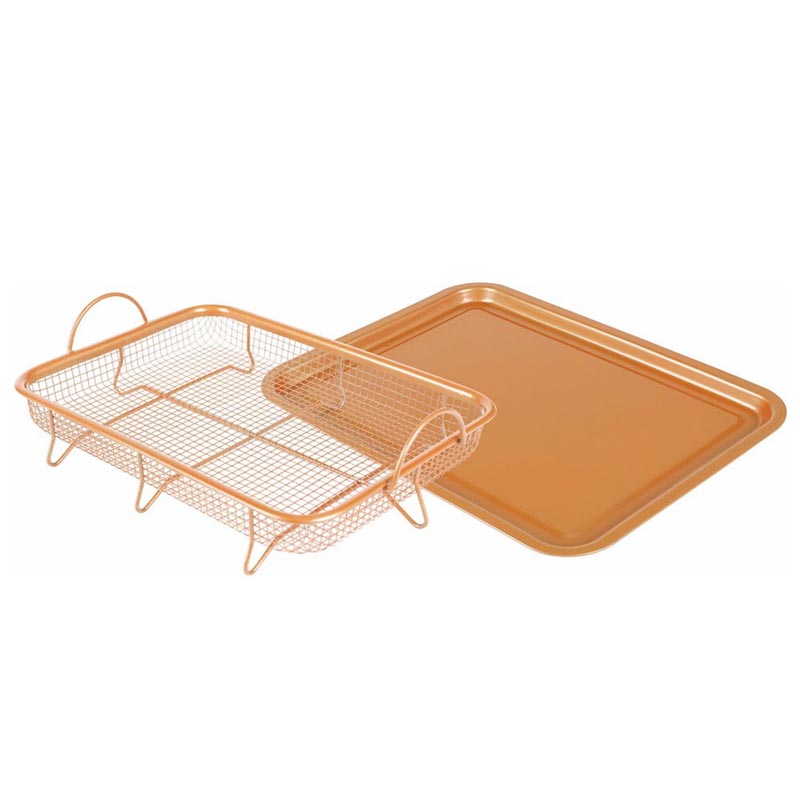 صينية قلي نحاسية غير لاصقة للفرن | طقم مكون من صينية مسطحة وسلة شبكية – مقاس 35×25 سم