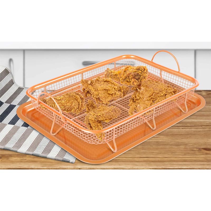 صينية قلي نحاسية غير لاصقة للفرن | طقم مكون من صينية مسطحة وسلة شبكية – مقاس 35×25 سم