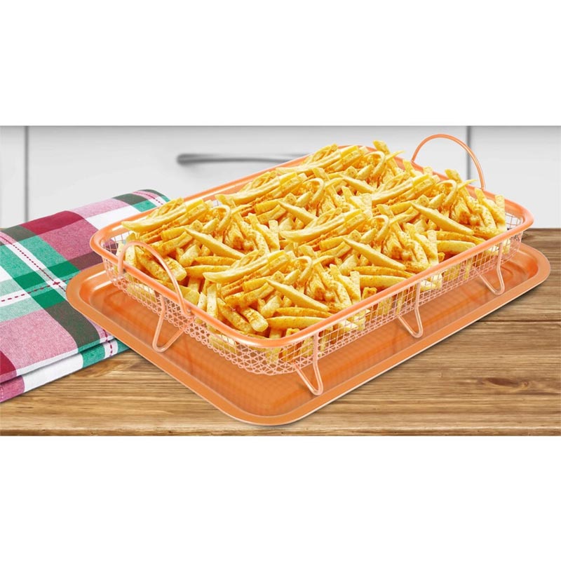 صينية قلي نحاسية غير لاصقة للفرن | طقم مكون من صينية مسطحة وسلة شبكية – مقاس 35×25 سم