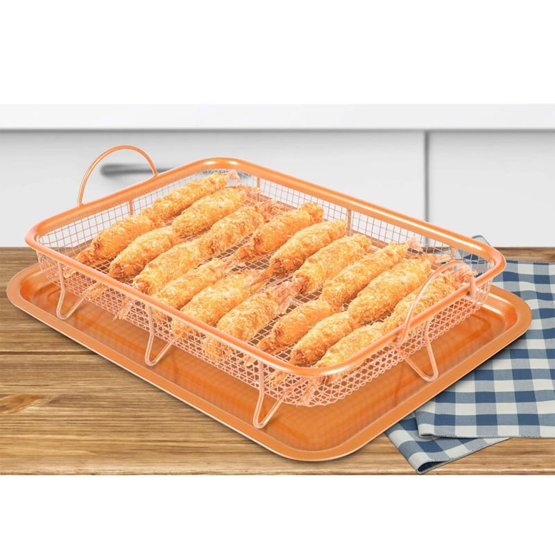 صينية قلي نحاسية غير لاصقة للفرن | طقم مكون من صينية مسطحة وسلة شبكية – مقاس 35×25 سم