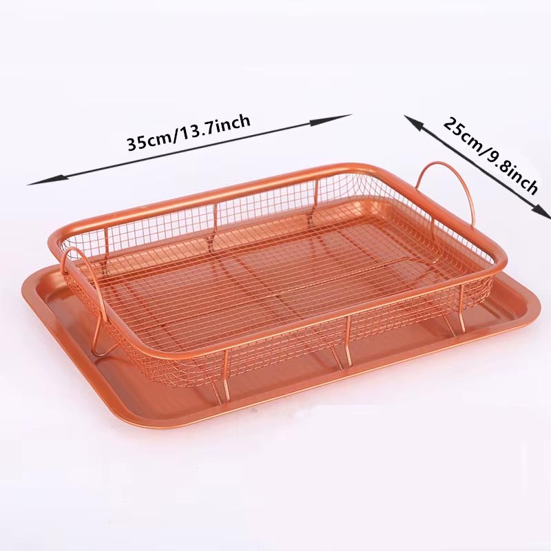 صينية قلي نحاسية غير لاصقة للفرن | طقم مكون من صينية مسطحة وسلة شبكية – مقاس 35×25 سم