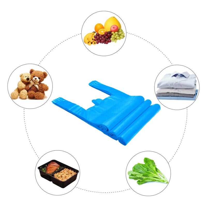 اكياس تسوق علاق باللون الازرق مصنوعة من البلاستيك المتين، حزمة وزنها 1 كجم تحتوي على قرابة 120 كيس، طول الكيس 30 سم وعرضه 25 سم.