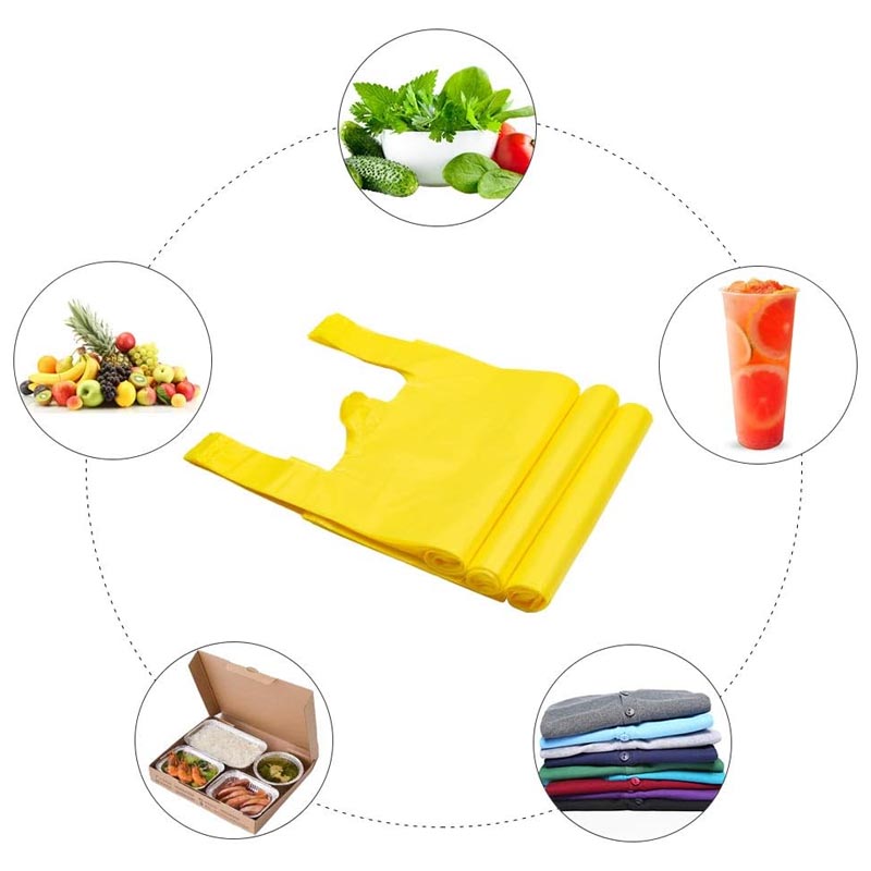 اكياس تسوق علاق باللون الاصفر مصنوعة من البلاستيك المتين، حزمة وزنها 1 كجم تحتوي على قرابة 70 كيس، طول الكيس 40 سم وعرضه 30 سم.