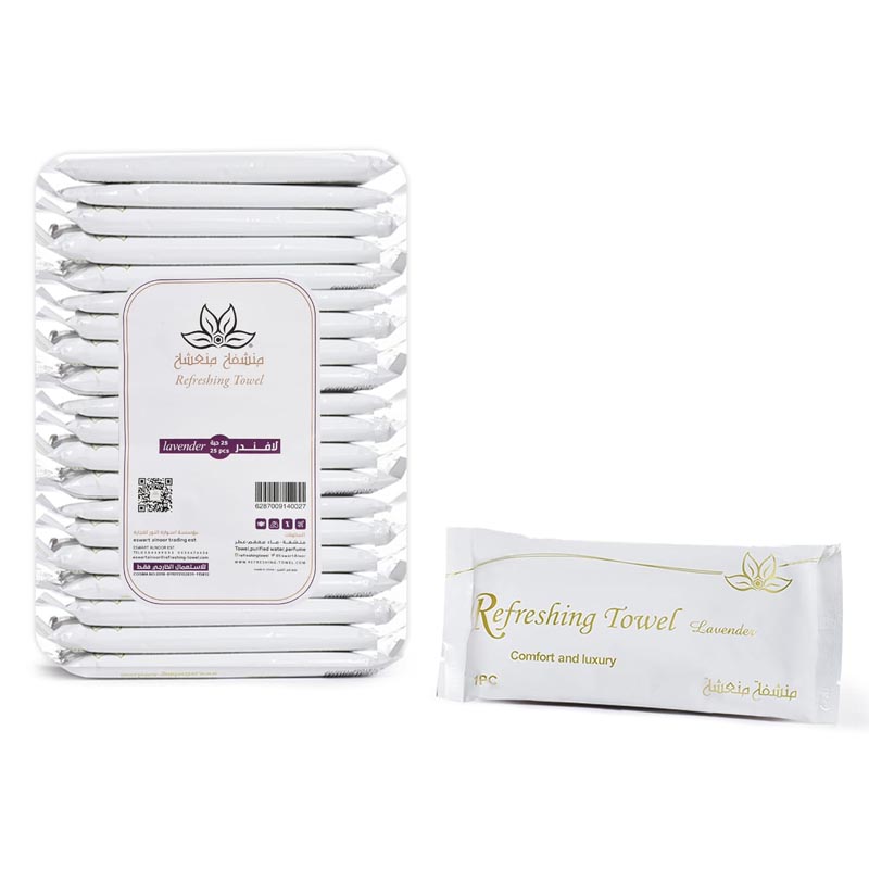 منشفة منعشة مشبّعة برائحة اللافندر الهادئة | مصنوعة من قطن طبيعي 100% – حزمة تحتوي على 25 منشفة