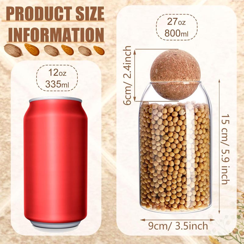 علبة تخزين زجاج شفافة بغطاء فلين كروي محكم – سعة 800 مل لحفظ القهوة والشاي والمكسرات والتوابل