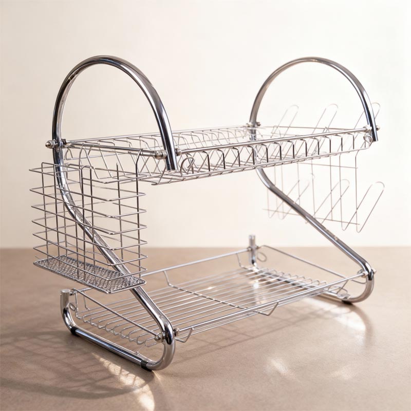 منظم تجفيف الصحون بطبقتين مع صينية بلاستيكية لتجميع الماء | مصنوع من الفولاذ المتين والمطلي بالكروم – المقاس 44×12×26 سم