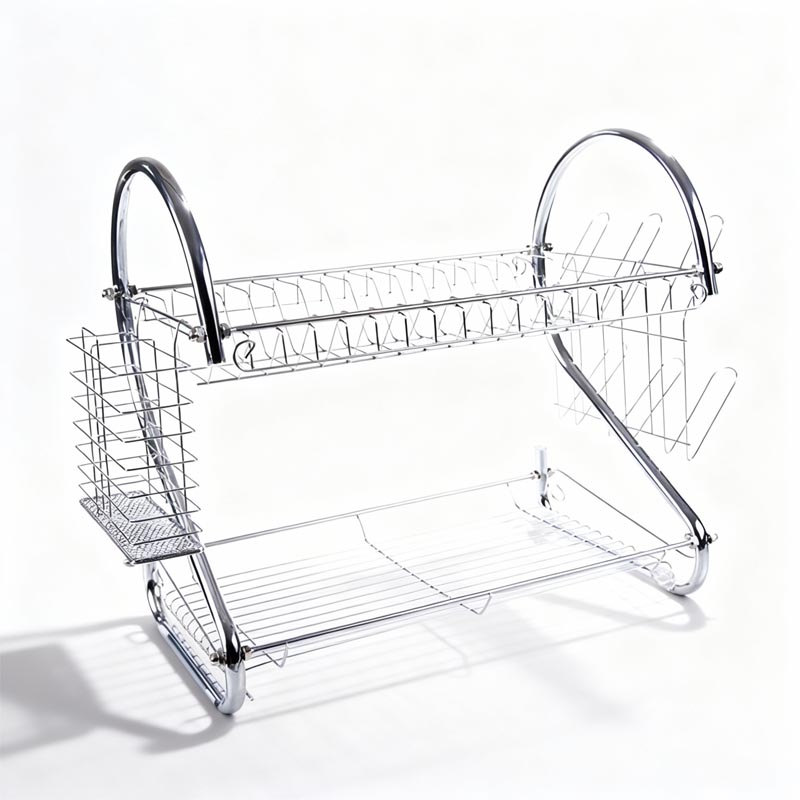 منظم تجفيف الصحون بطبقتين مع صينية بلاستيكية لتجميع الماء | مصنوع من الفولاذ المتين والمطلي بالكروم – المقاس 44×12×26 سم