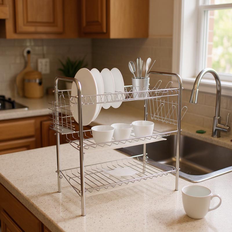 منظم تجفيف الصحون بثلاث طبقات مع صينية بلاستيكية لتجميع الماء | مصنوع من الفولاذ المتين والمطلي بالكروم – المقاس 53×26×53 سم