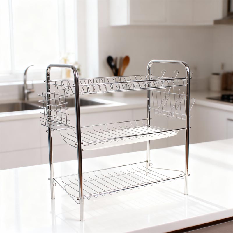 منظم تجفيف الصحون بثلاث طبقات مع صينية بلاستيكية لتجميع الماء | مصنوع من الفولاذ المتين والمطلي بالكروم – المقاس 43×26×53 سم