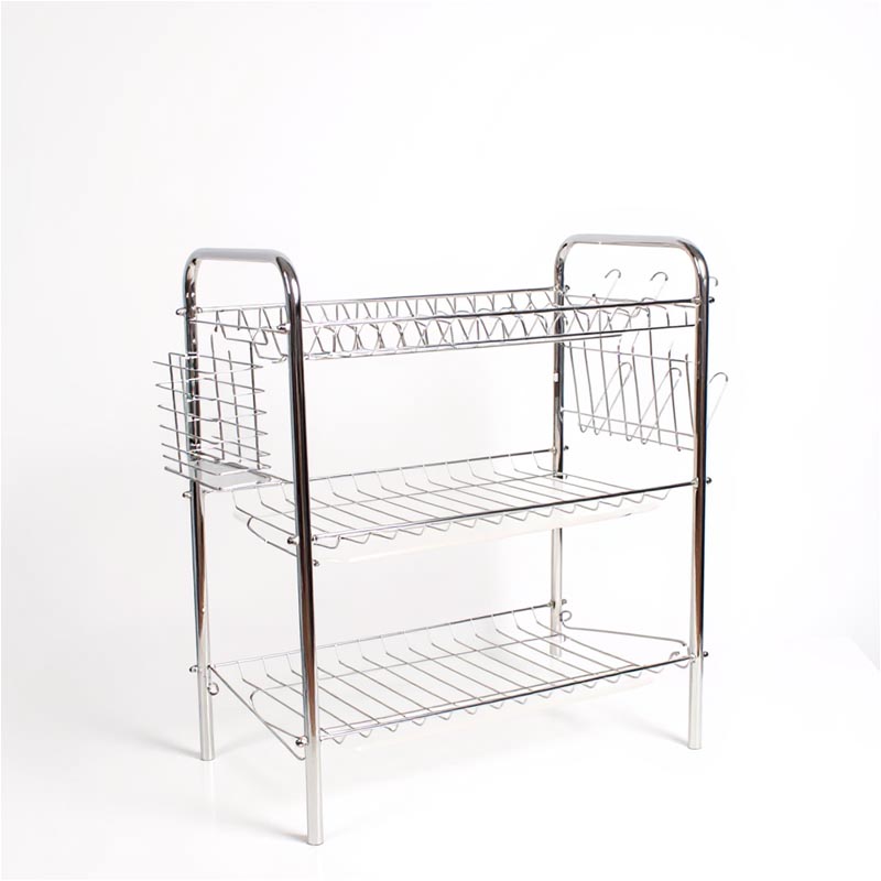 منظم تجفيف الصحون بثلاث طبقات مع صينية بلاستيكية لتجميع الماء | مصنوع من الفولاذ المتين والمطلي بالكروم – المقاس 43×26×53 سم