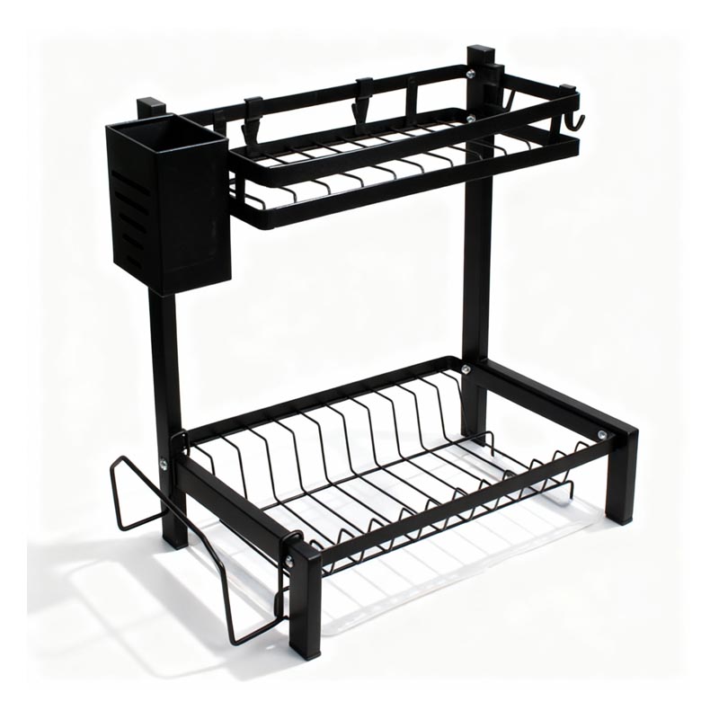 حامل صحون ومنظم مطبخ بطبقتين مصنوع من الستانلس ستيل المقاوم للصدأ – تصميم عملي لتجفيف الأطباق وتخزين الأدوات، الأكواب، وأدوات المطبخ – المقاس 33×40×22 سم