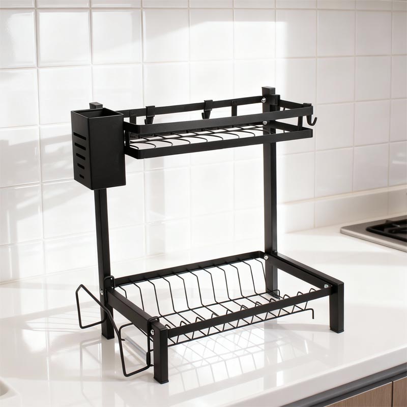 حامل صحون ومنظم مطبخ بطبقتين مصنوع من الستانلس ستيل المقاوم للصدأ – تصميم عملي لتجفيف الأطباق وتخزين الأدوات، الأكواب، وأدوات المطبخ – المقاس 33×40×22 سم