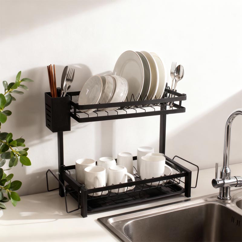 حامل صحون ومنظم مطبخ بطبقتين مصنوع من الستانلس ستيل المقاوم للصدأ – تصميم عملي لتجفيف الأطباق وتخزين الأدوات، الأكواب، وأدوات المطبخ – المقاس 33×40×22 سم