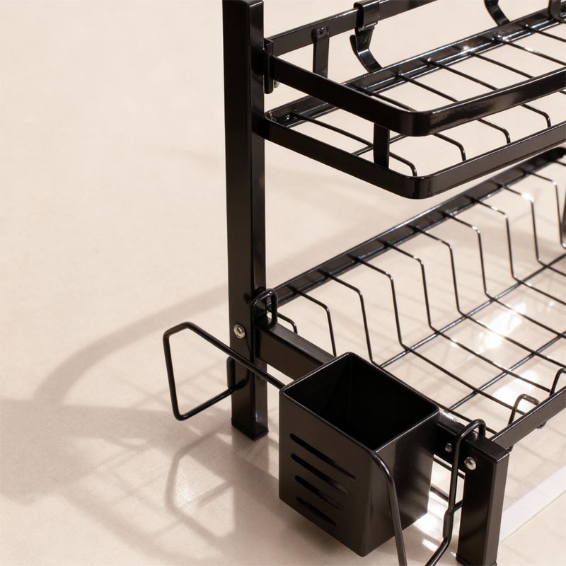 حامل صحون ومنظم مطبخ بطبقتين مصنوع من الستانلس ستيل المقاوم للصدأ – تصميم عملي لتجفيف الأطباق وتخزين الأدوات، الأكواب، وأدوات المطبخ – المقاس 33×40×22 سم