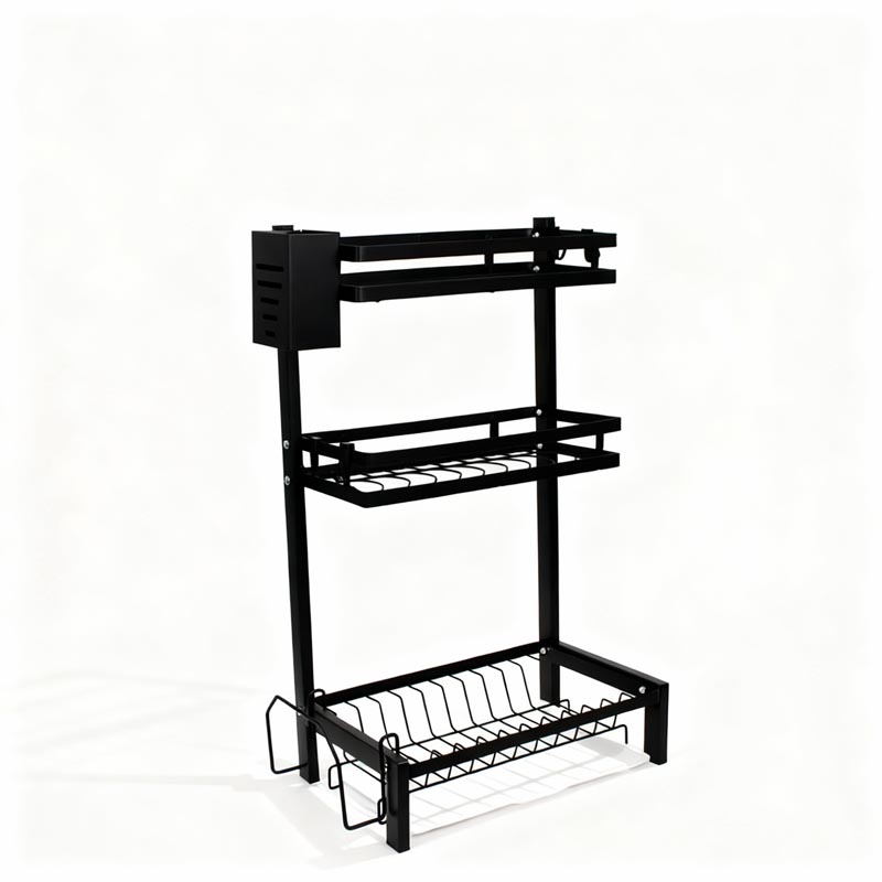 حامل صحون ومنظم مطبخ بثلاث طبقات مصنوع من الستانلس ستيل المقاوم للصدأ – تصميم عملي لتجفيف الأطباق وتخزين الأدوات، الأكواب، وأدوات المطبخ – المقاس 33×59×22 سم