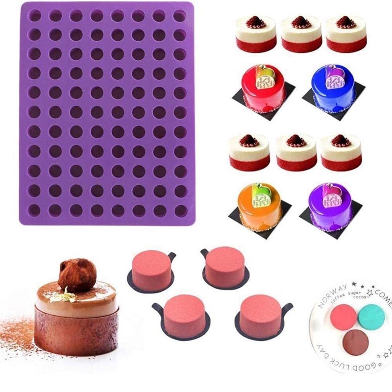 قالب سيليكون بنفسجي 88 تجويفة دائرية مع مكبس اكريليك شفاف 8 تجويفات – مناسب لحلا الطبقات، البرالين، الشوكولاتة، الجيلي، والكراميل