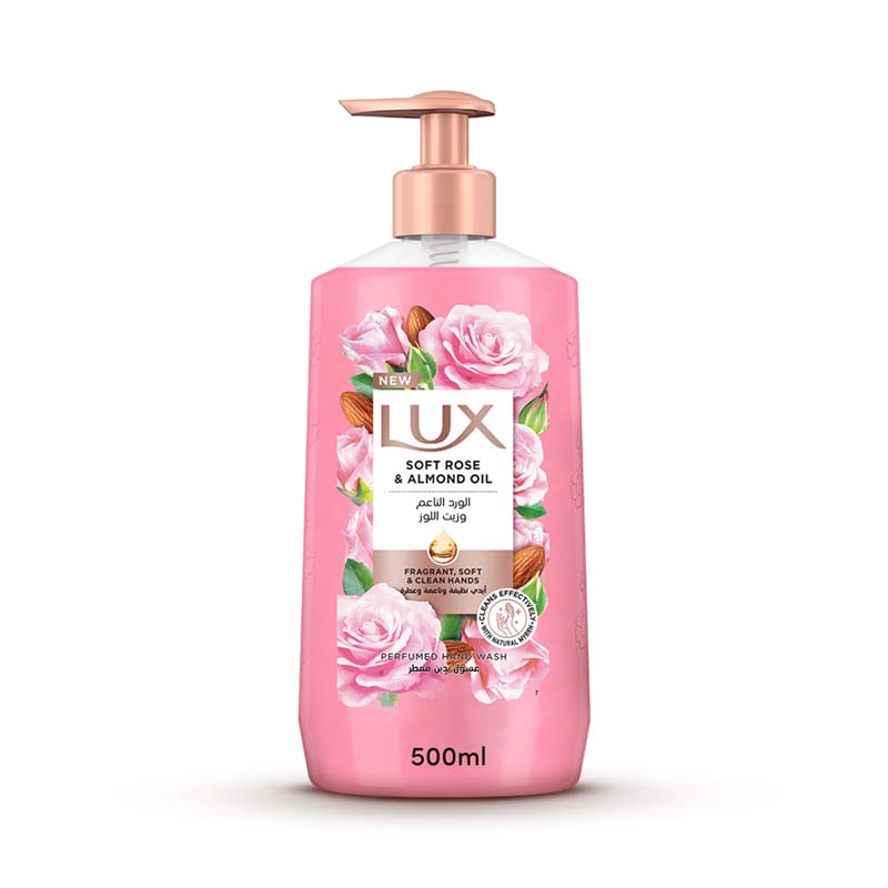 غسول يدين معطر لوكس بزيت اللوز والورد الناعم – يمنح يديكِ نعومة فائقة وعطراً جذاباً، عبوة 500 مل