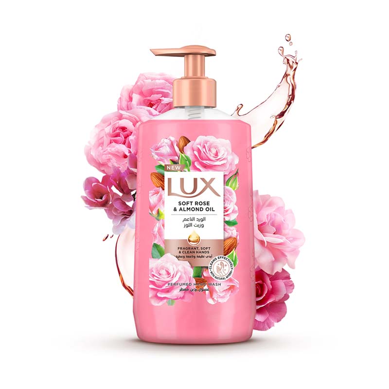 غسول يدين معطر لوكس بزيت اللوز والورد الناعم – يمنح يديكِ نعومة فائقة وعطراً جذاباً، عبوة 500 مل